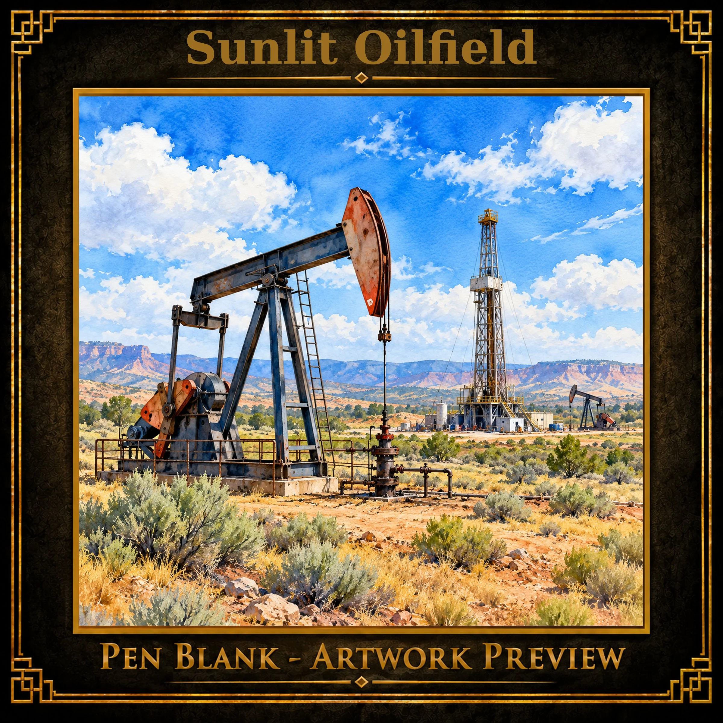 Sunlit Oilfield | Watercolor Oil Derrick Pen Blank | Alumilite Resin