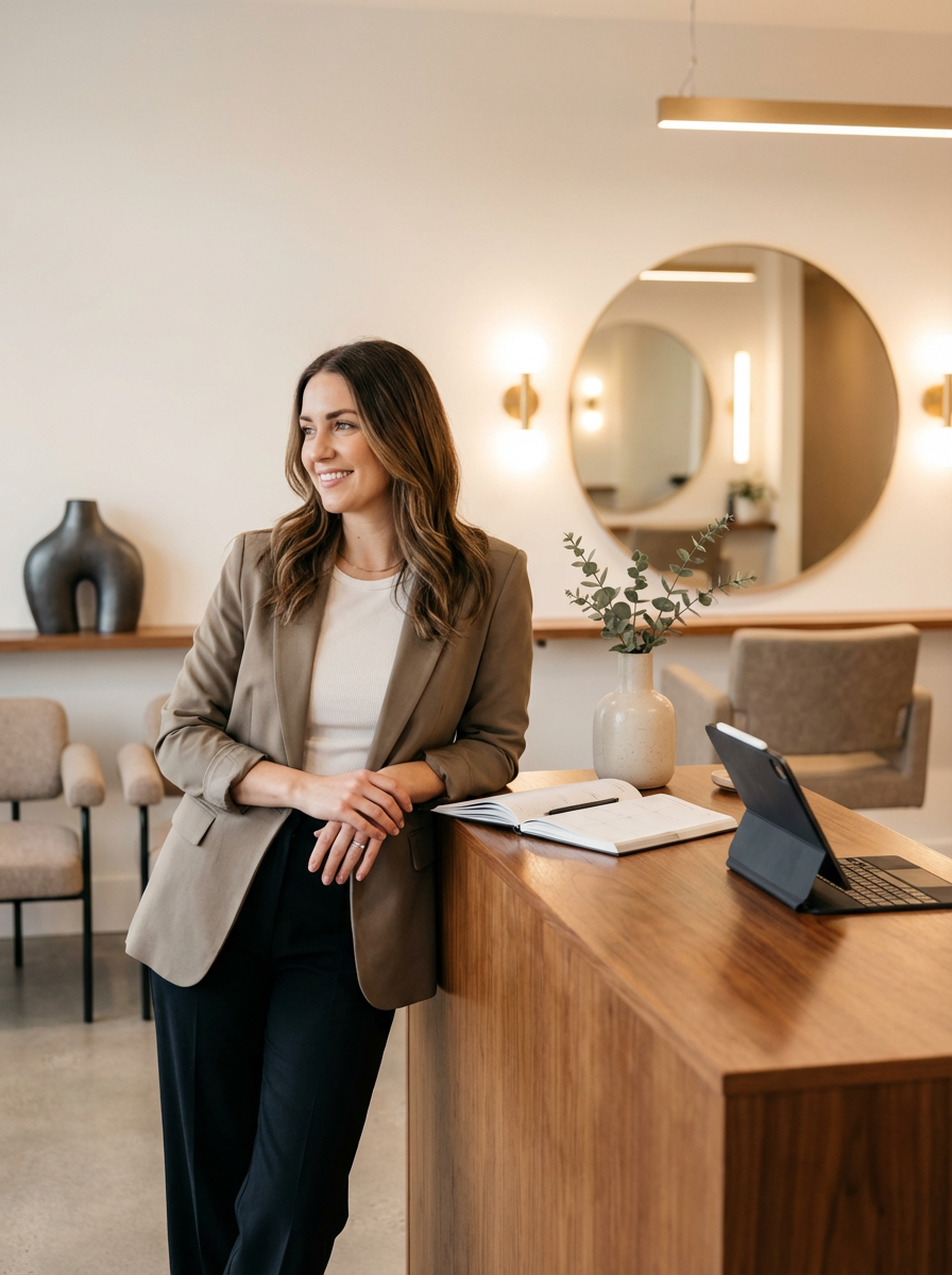 Mujer sonriente de cabello castaño claro, vestida con saco beige y pantalón negro, de pie junto a un mostrador de madera en un ambiente moderno con decoración minimalista y espejos redondos.