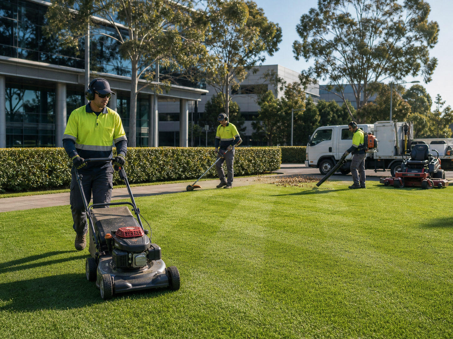 A coordinated commercial gardening team maintains a business property using a lawn mower, line trimmer and backpack blower, with professional equipment and a work vehicle nearby.