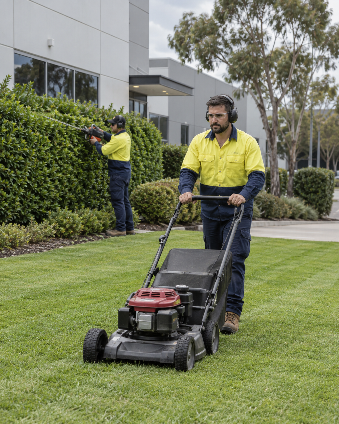 Two workers in yellow and blue uniforms mowing and trimming a well-maintained lawn outside a modern building with glass windows, trees, and shrubs.