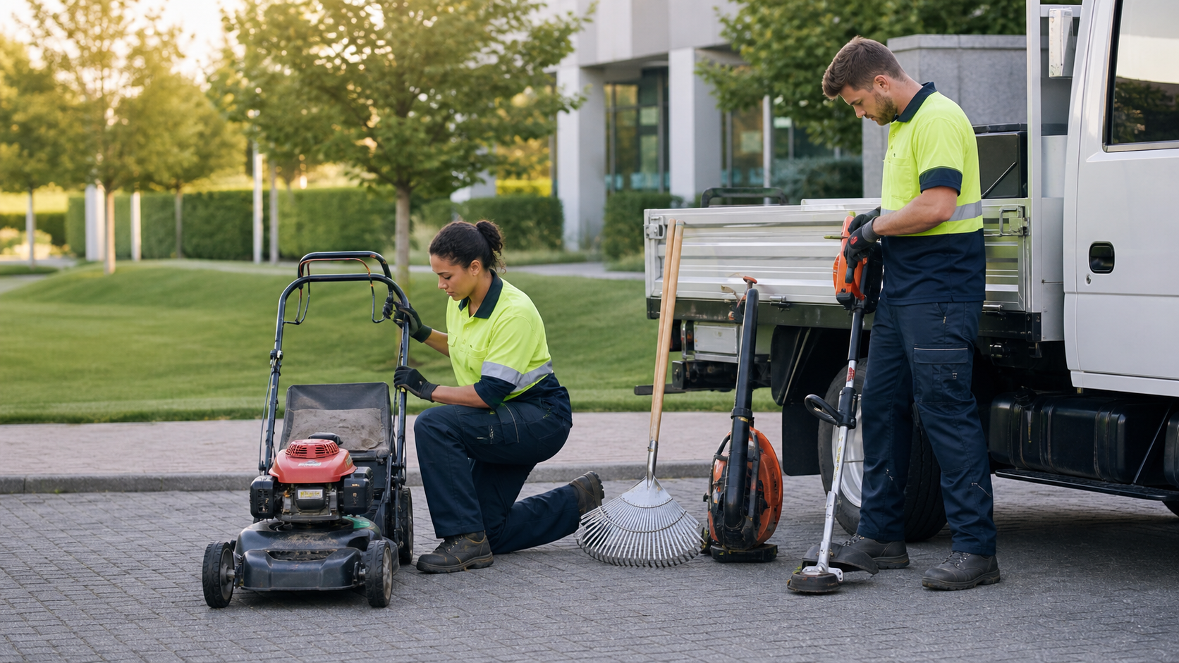 Two grounds maintenance professionals inspect a mower, blower, line trimmer and hand tools before starting work.