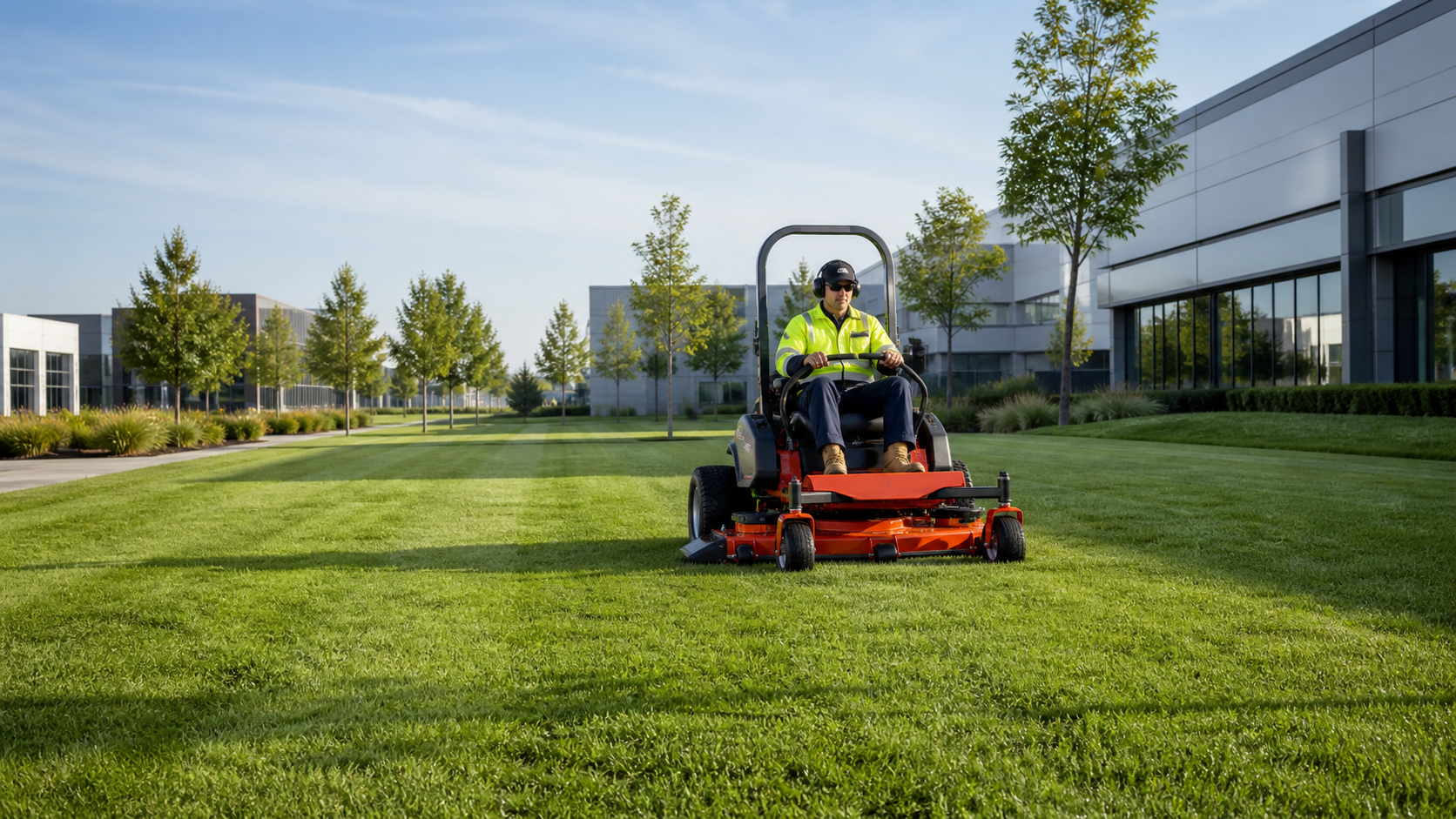 A commercial gardening professional maintains expansive green grounds with a ride-on mower