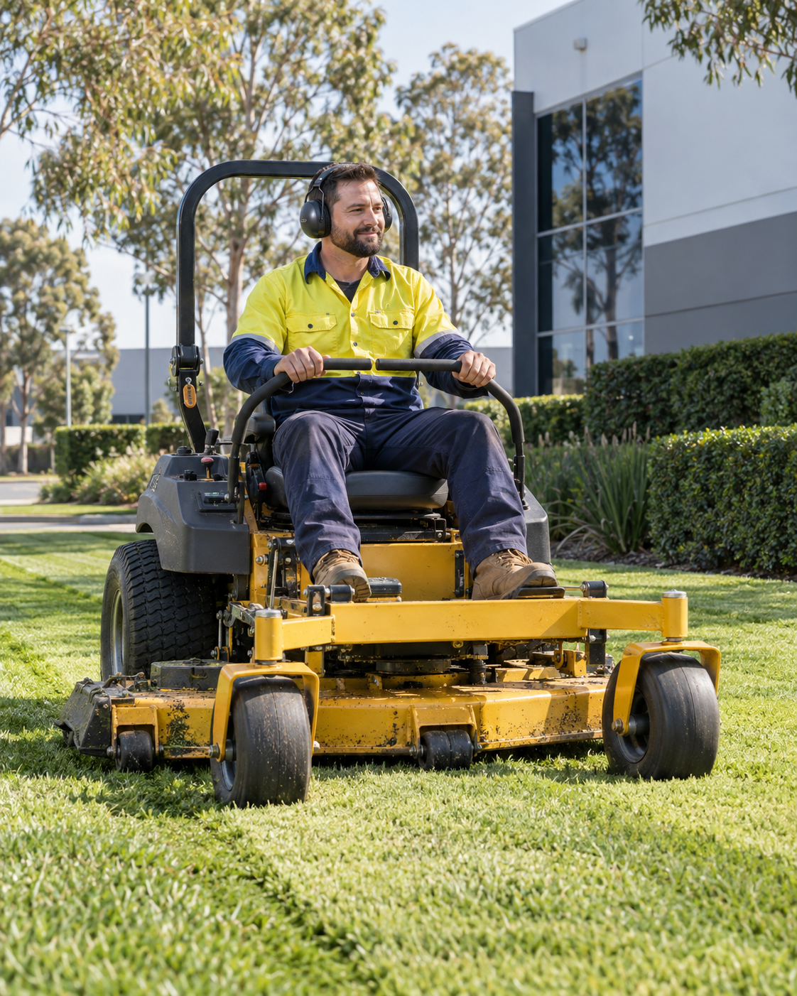 A man wearing headphones and a high visibility yellow work shirt operating a yellow riding lawn mower on a grassy area with trees and a modern building in the background.