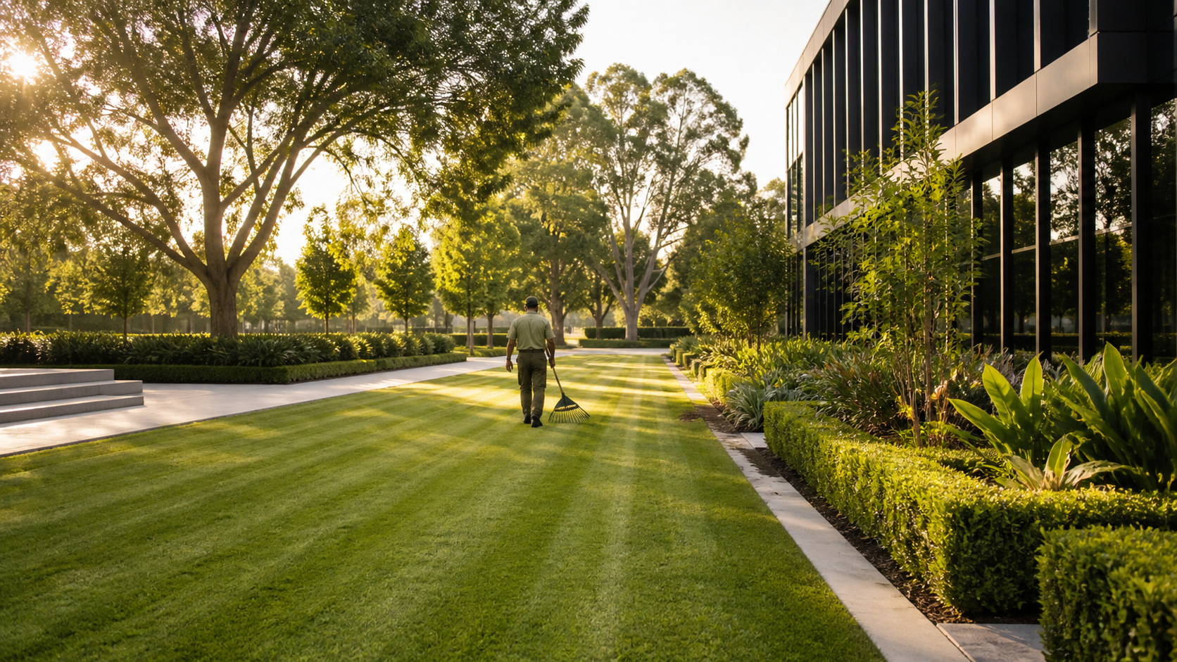 A wide finished view of an orderly business landscape after professional mowing, edging and garden maintenance.