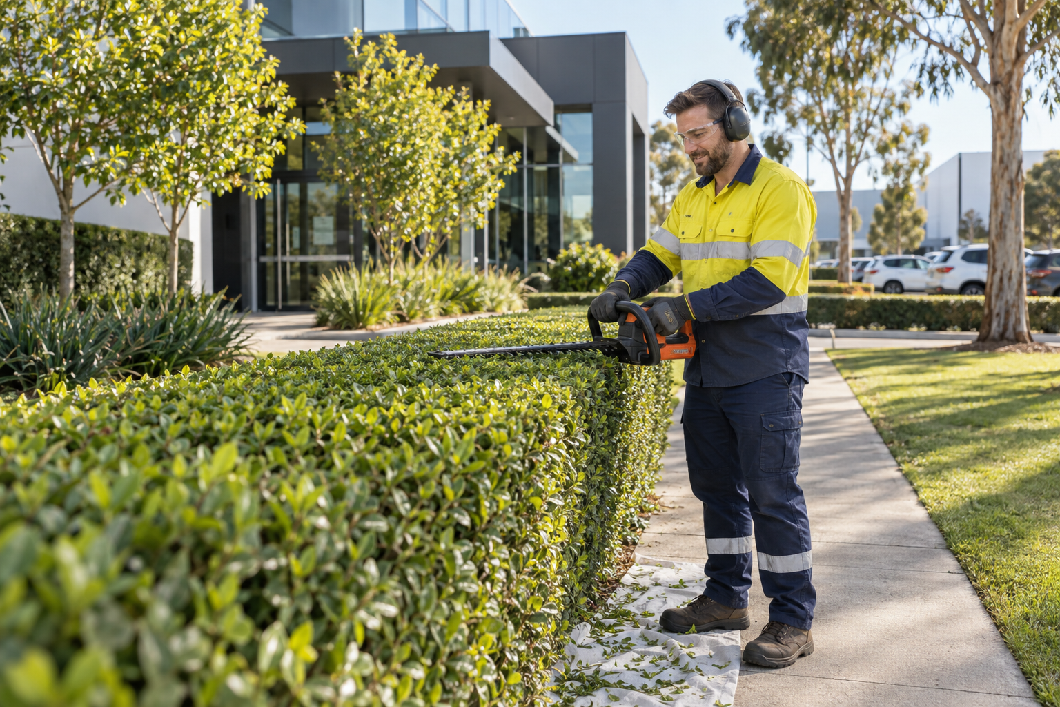 A man in a yellow and blue safety uniform trimming a neatly shaped green hedge with a hedge trimmer outdoors near a modern building and parking lot.