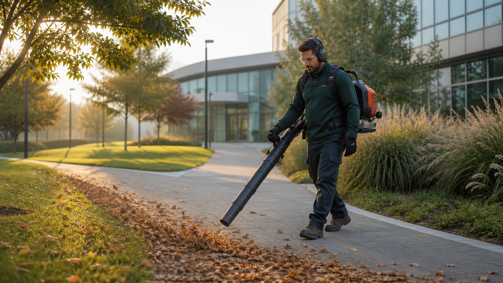 A grounds maintenance worker clears fallen leaves from a curved paved walkway at a landscaped office property.