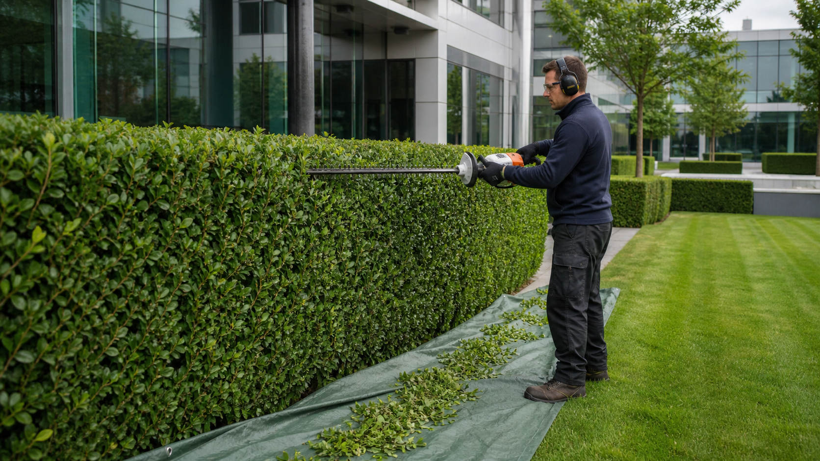 A commercial groundskeeper safely shapes a formal hedge while clippings collect on a protective groundsheet.