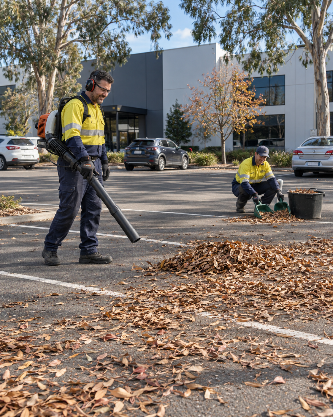 Two workers in high-visibility shirts cleaning fallen leaves from an outdoor parking lot with garden tools and a leaf blower.
