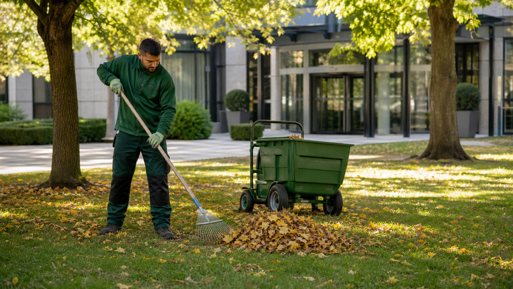 A gardener collects fallen leaves from the lawn outside a commercial building using a rake and garden-waste cart.