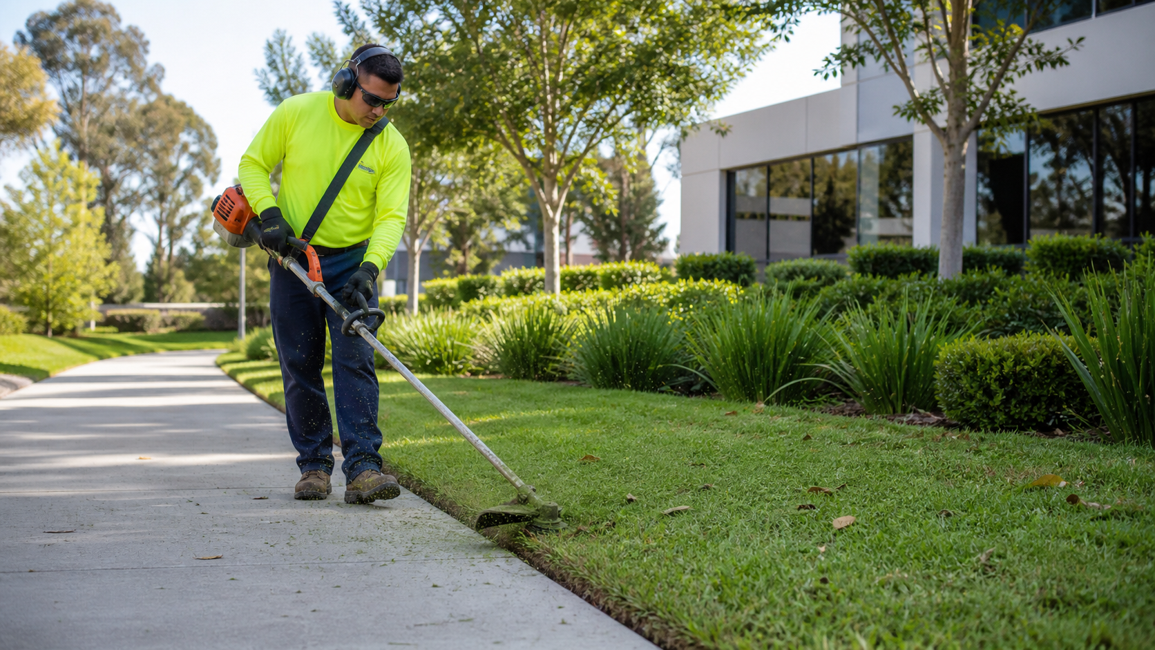A properly equipped groundskeeper trims turf along a paved path within a maintained business park.