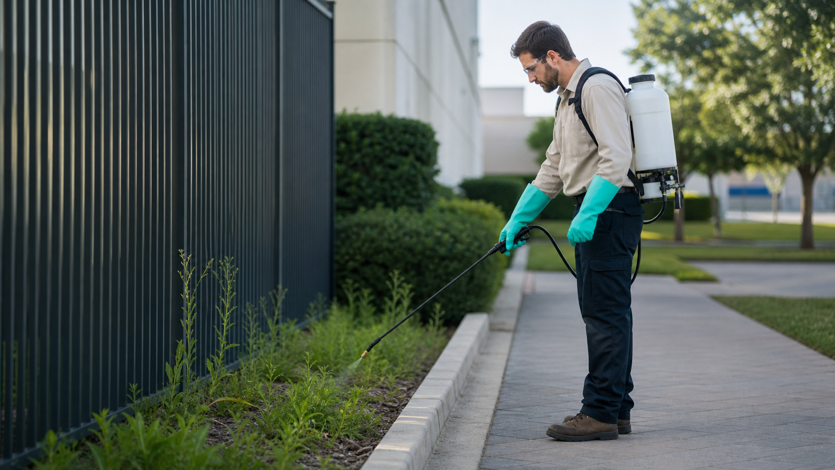 A properly equipped groundskeeper applies a controlled spot treatment to weeds along the boundary of a commercial property.