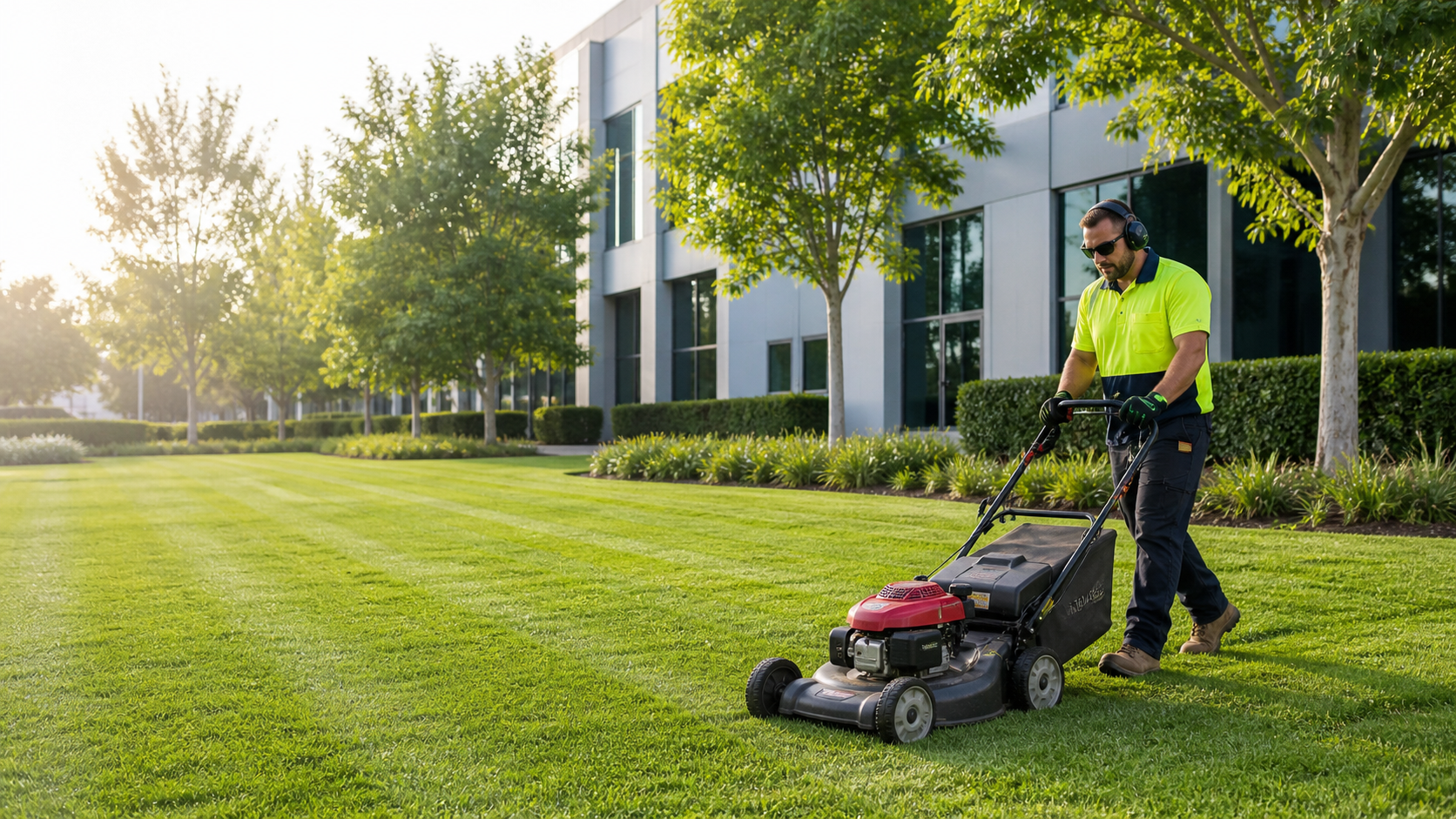 A groundskeeper uses a walk-behind mower on a large, freshly striped lawn at a landscaped commercial property.