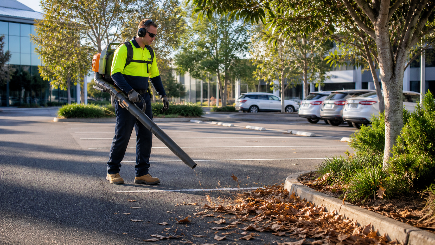 A grounds maintenance worker clears fallen leaves from a curved paved walkway at a landscaped office property.