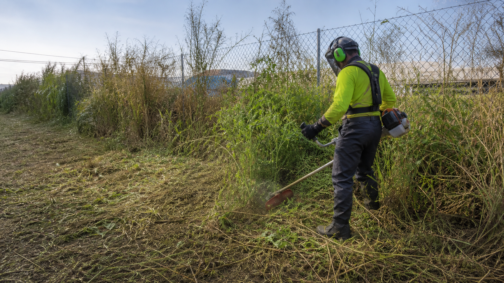A fully equipped groundskeeper clears tall grass and dense weeds with a professional brush cutter, leaving a visible maintained strip.