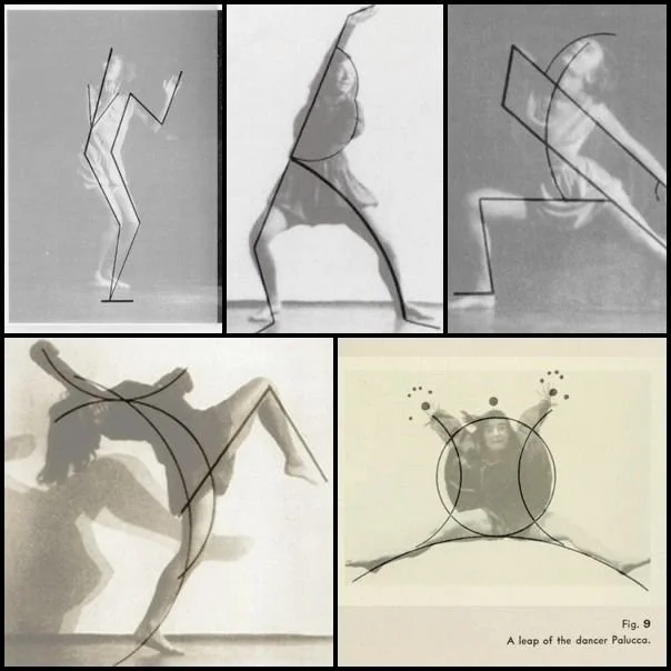 A collage of dance photos with sketch outlines added, including various dance poses and movements.