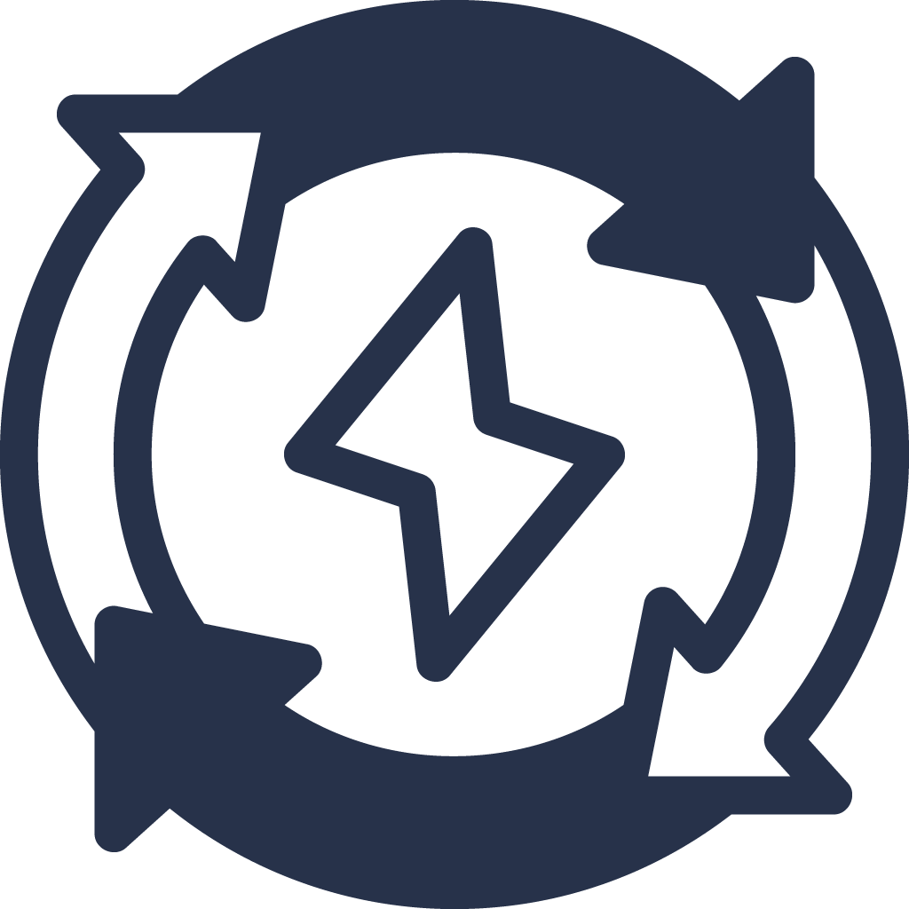 Icon of a lightning bolt in the center surrounded by a circular arrow, representing energy renewal or recycling.