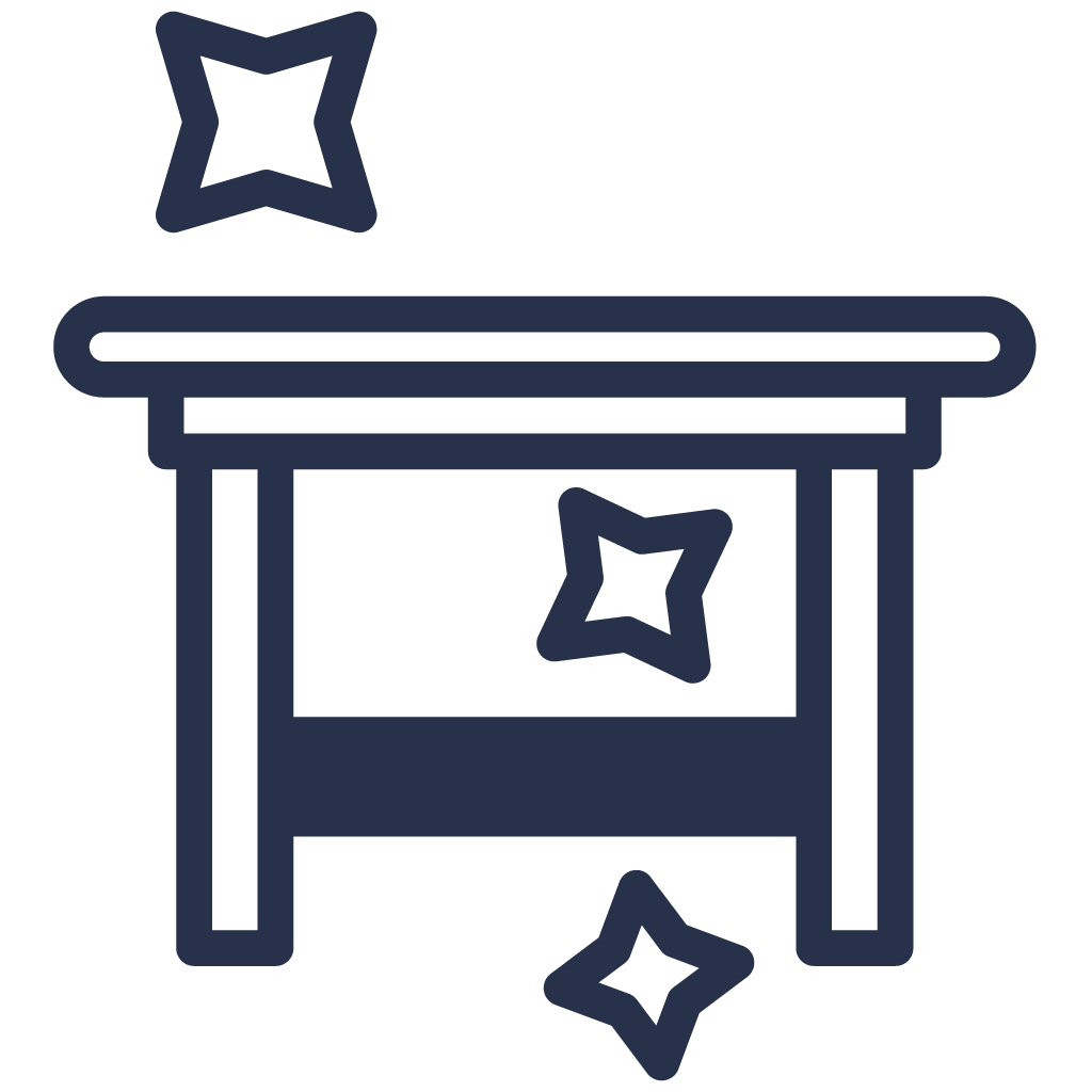 Line drawing of a table with three star-shaped decorations, two on the table and one on top.