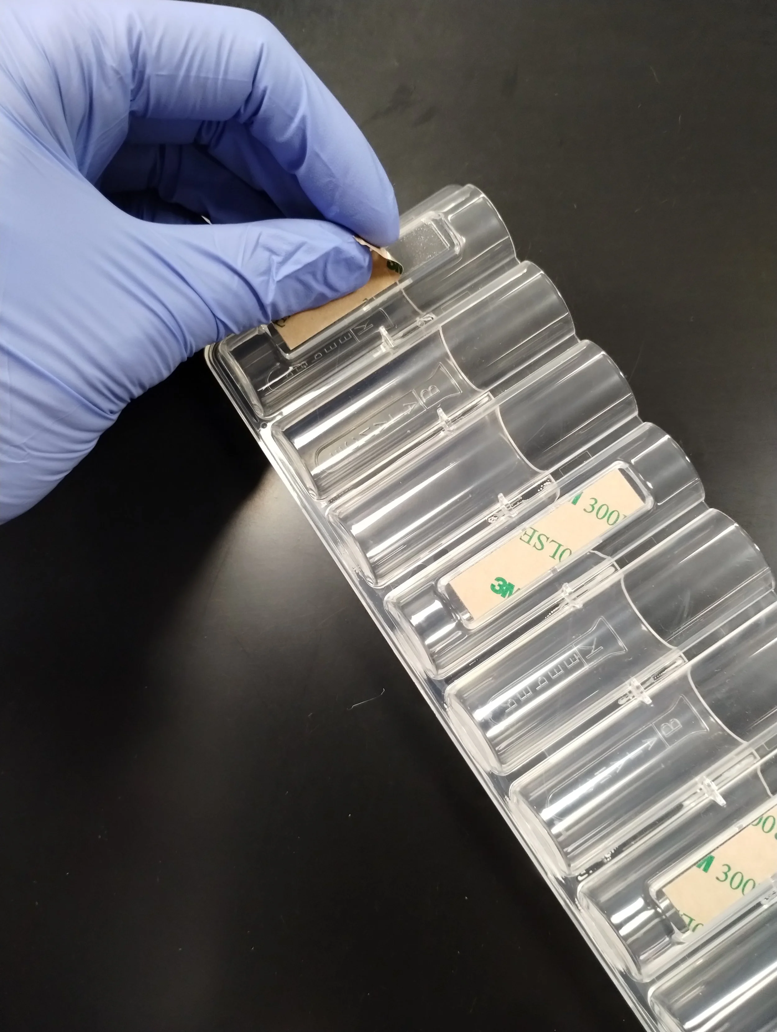 A person wearing a purple disposable glove holding a small vial or container over a plastic container with multiple wells, likely in a laboratory setting.