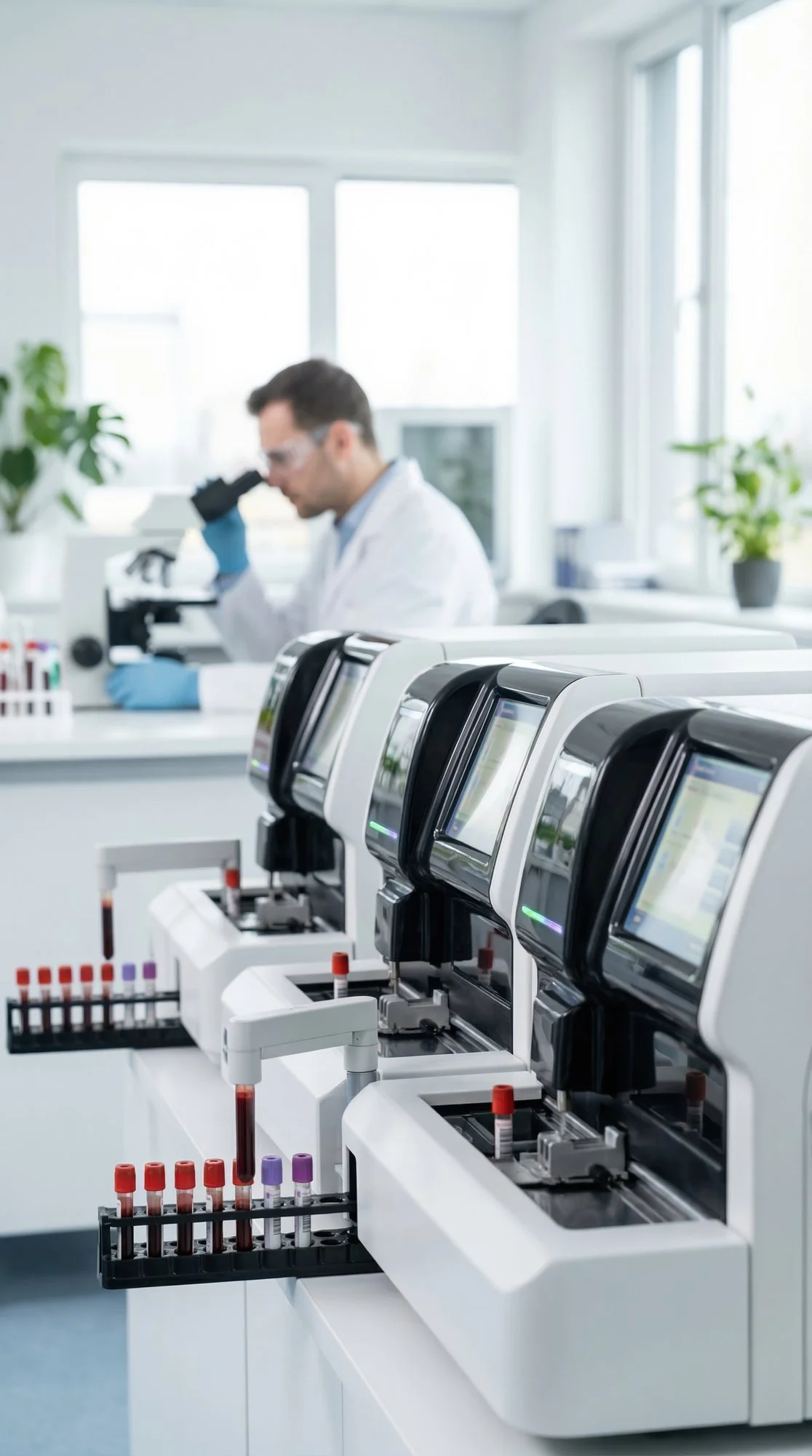 Automated blood analysis machines process samples