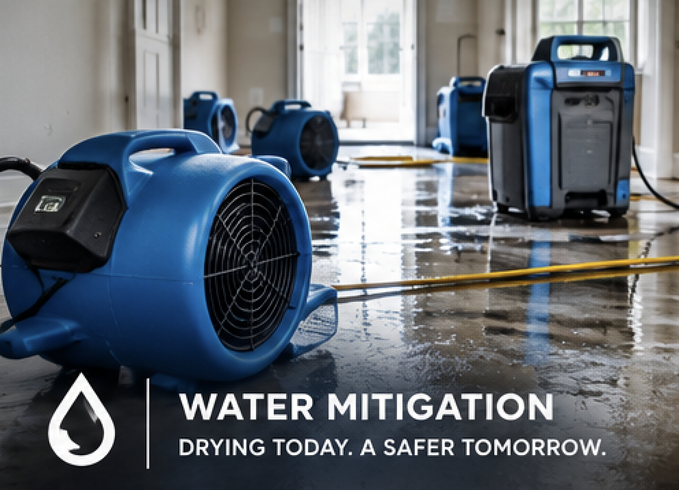 industrial water dehumidifiers and fans on a wet wooden floor in a room, with water recovery behind the equipment and a window in the background. Text overlay says 'Water Mitigation - Drying Today. A Safer Tomorrow.'