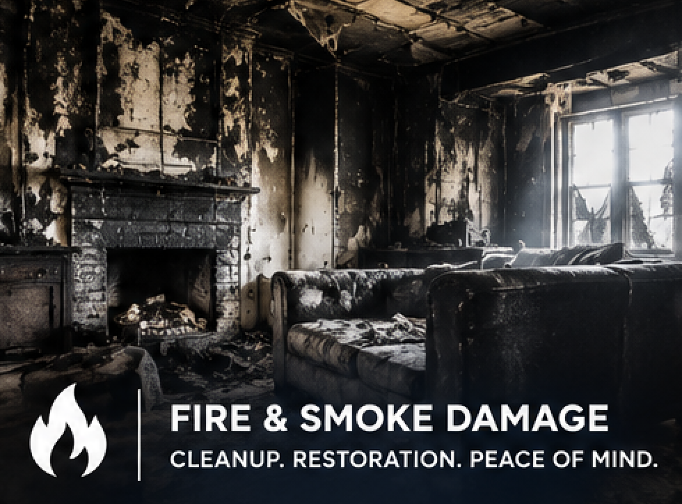 A room with fire and smoke damage, charred walls, and destroyed furniture, including a sofa and a chair, with soot-covered surfaces and a window letting in light.