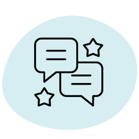 Icon of two speech bubbles with horizontal lines and two stars around them, representing communication or reviews.