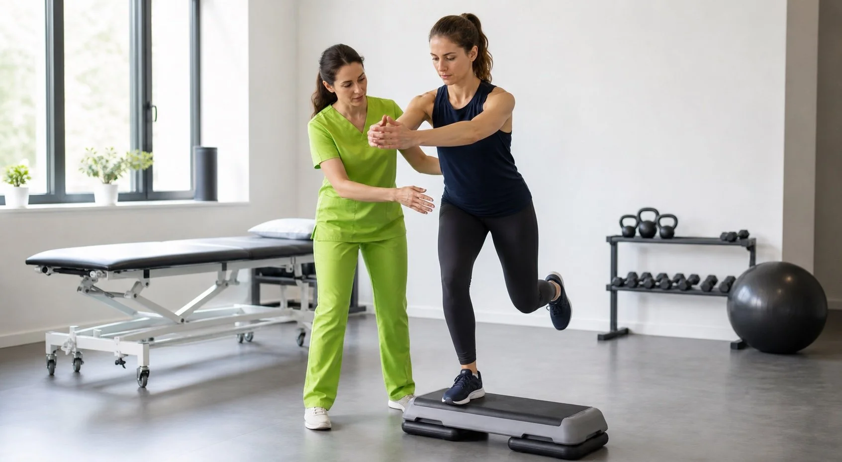 Woman physical therapist in lime-green scrubs guiding a woman patient through a balance exercise in a rehabilitation clinic