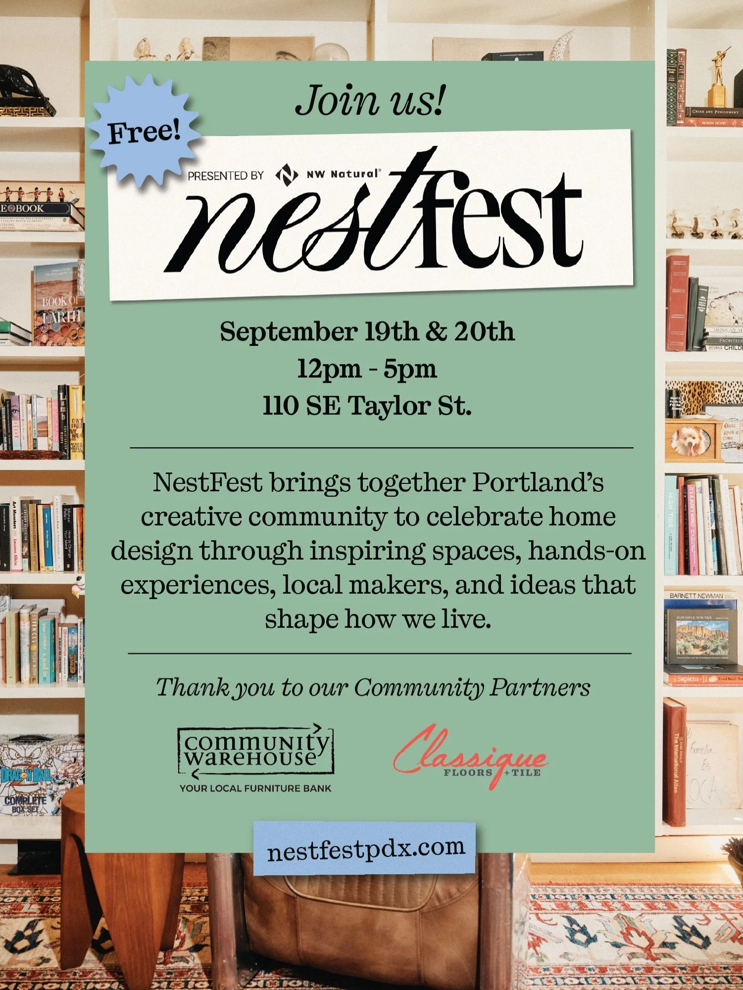 Join me at the large home and design event, NestFest, put on by @willametteweek this weekend, Sat 9/19 + Sun 9/20! 

This event celebrates the launch of WW&rsquo;s new Nester magazine. It&rsquo;s a real celebration of home design - with artist led ro
