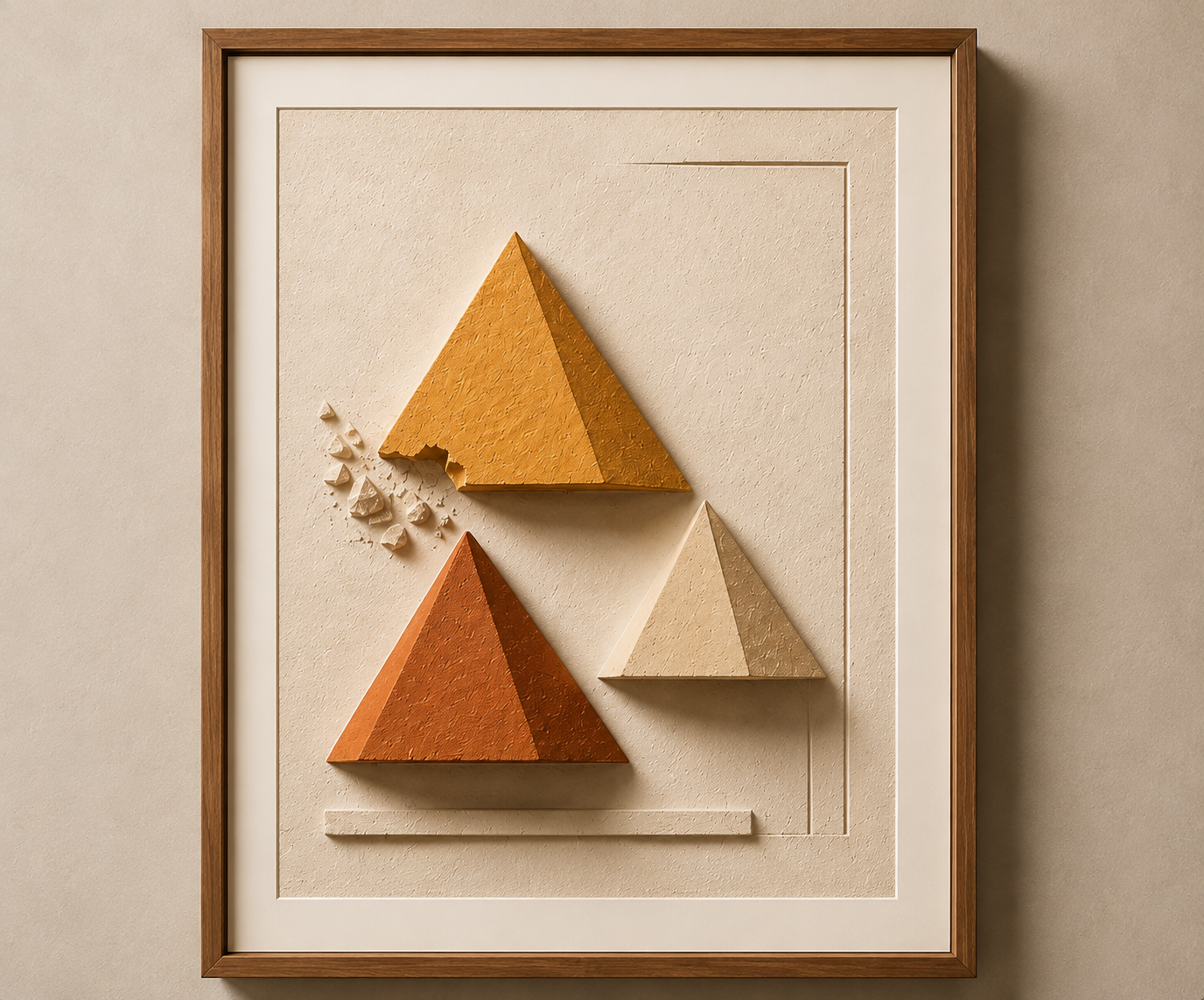 Decorative artwork featuring three three-dimensional pyramid shapes in various shades of orange, cream, and beige, arranged on a textured beige background with a wooden frame.