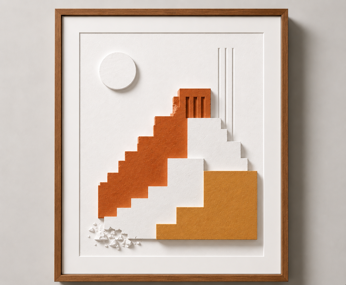 Abstract geometric wall art featuring stepped shapes in orange and white, a white circle in the upper left and vertical lines on the right, framed in wood.