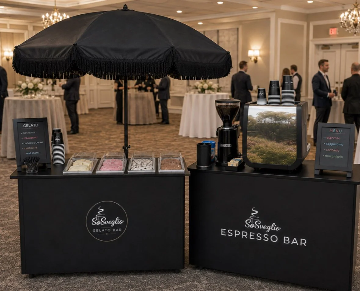 So Sveglio mobile espresso and gelato bars at an elegant indoor event