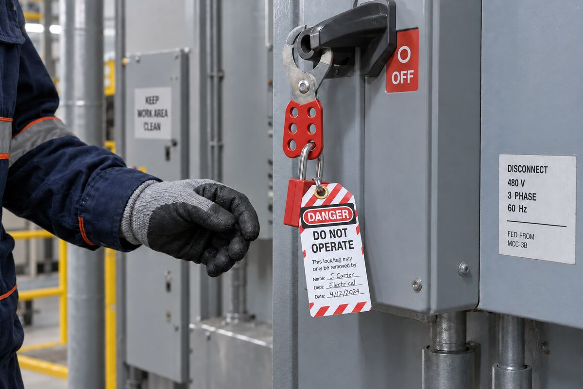 Industrial electrical disconnect secured with a lockout hasp, personal padlock and worker identification tag.