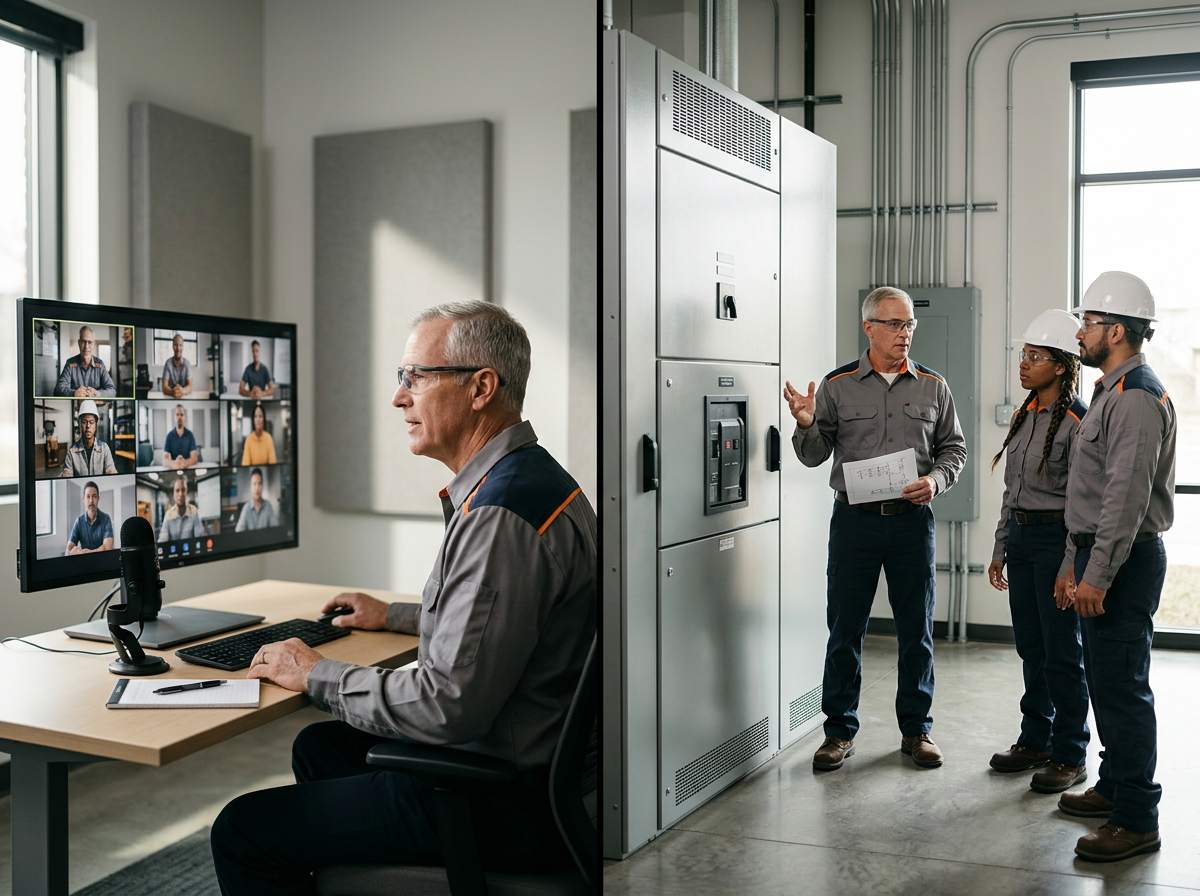 Experienced electrical safety instructor leading an interactive virtual class and an onsite discussion beside closed switchgear.
