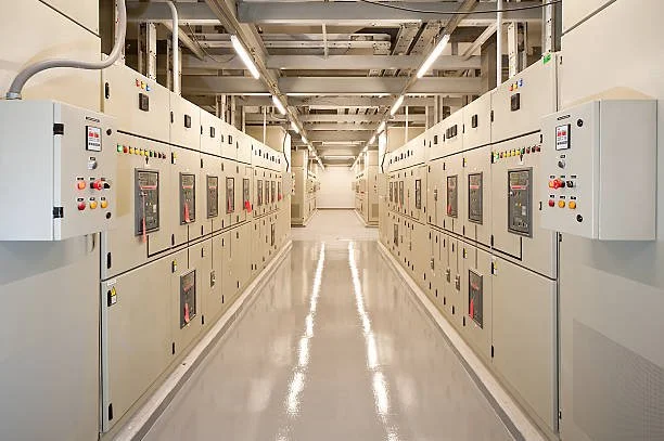 Industrial electrical switchgear room representing live virtual and onsite electrical-safety training.