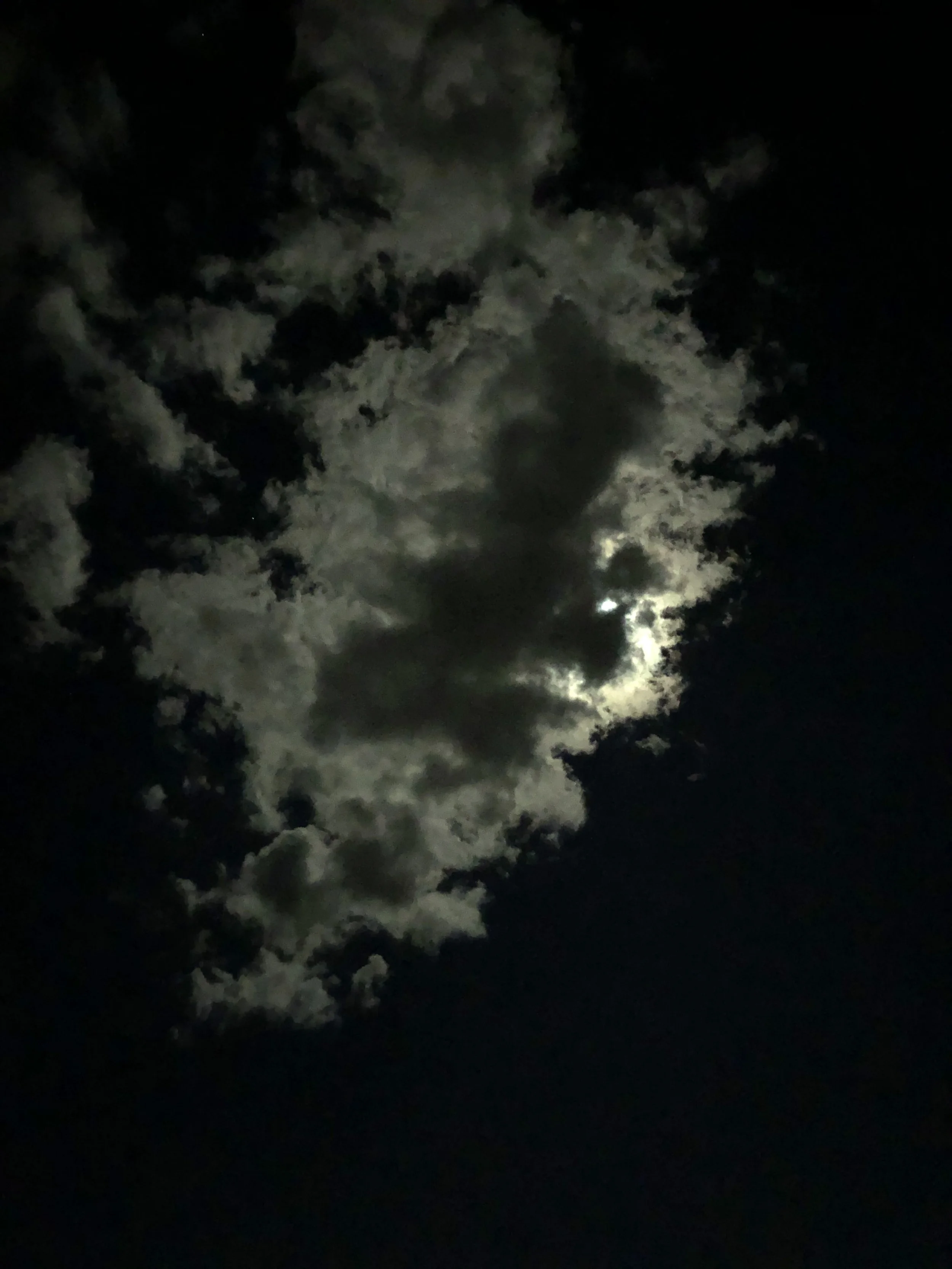 Night sky with full moon partly covered by dark clouds.