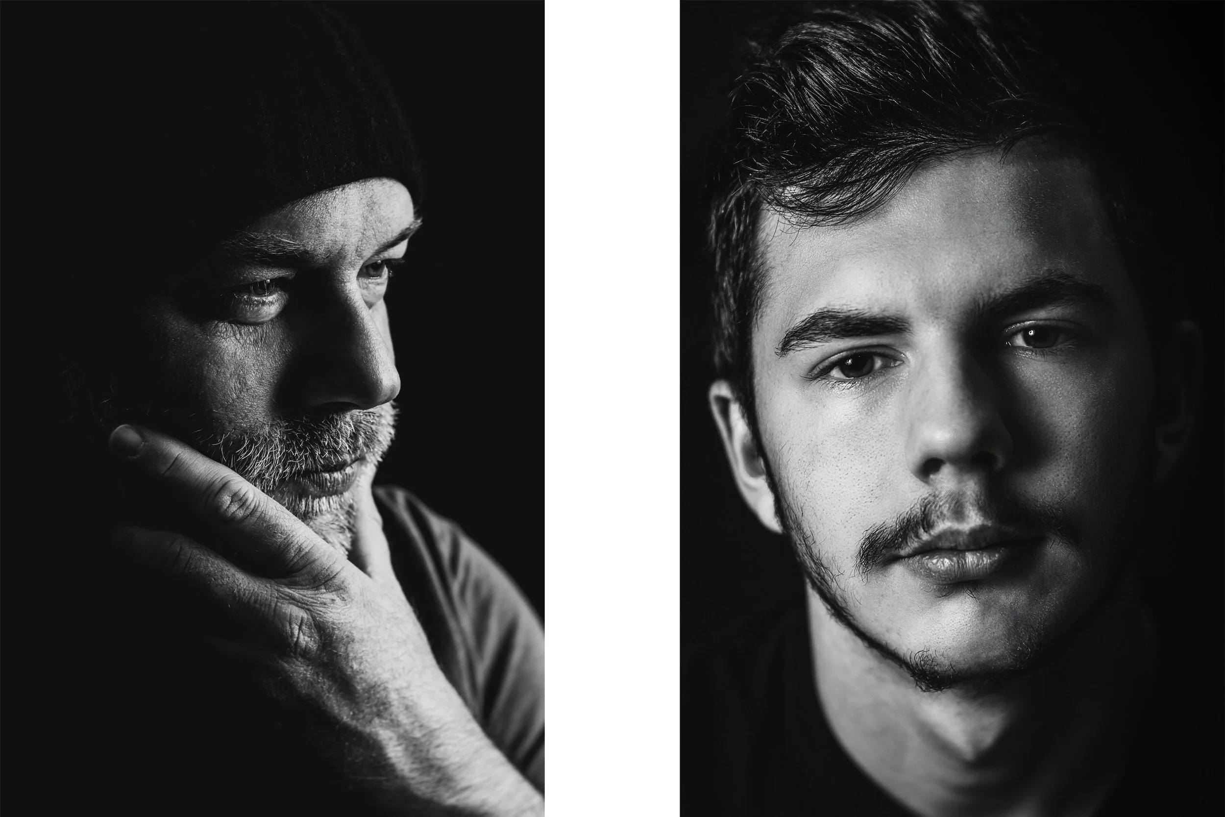 Black and white split-screen photograph of two men's faces, one older with a beard and wearing a beanie on the left, and a young man with a mustache and short hair on the right.