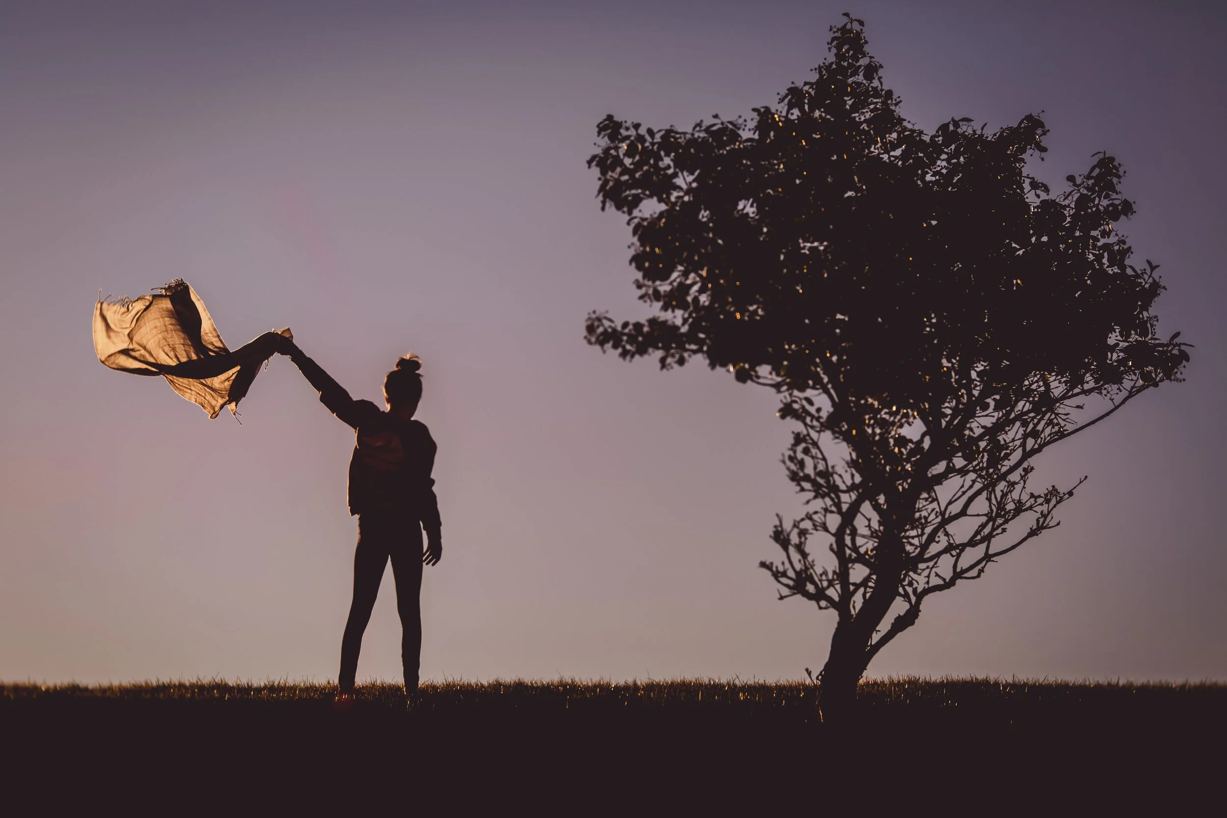 A silhouette of a woman holding a cloth, standing on a grassy patch beside a tree during sunset or sunrise.