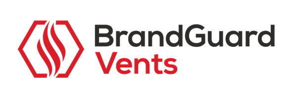 This image is a BrandGuard Vent logo with black and red text and a red flame image