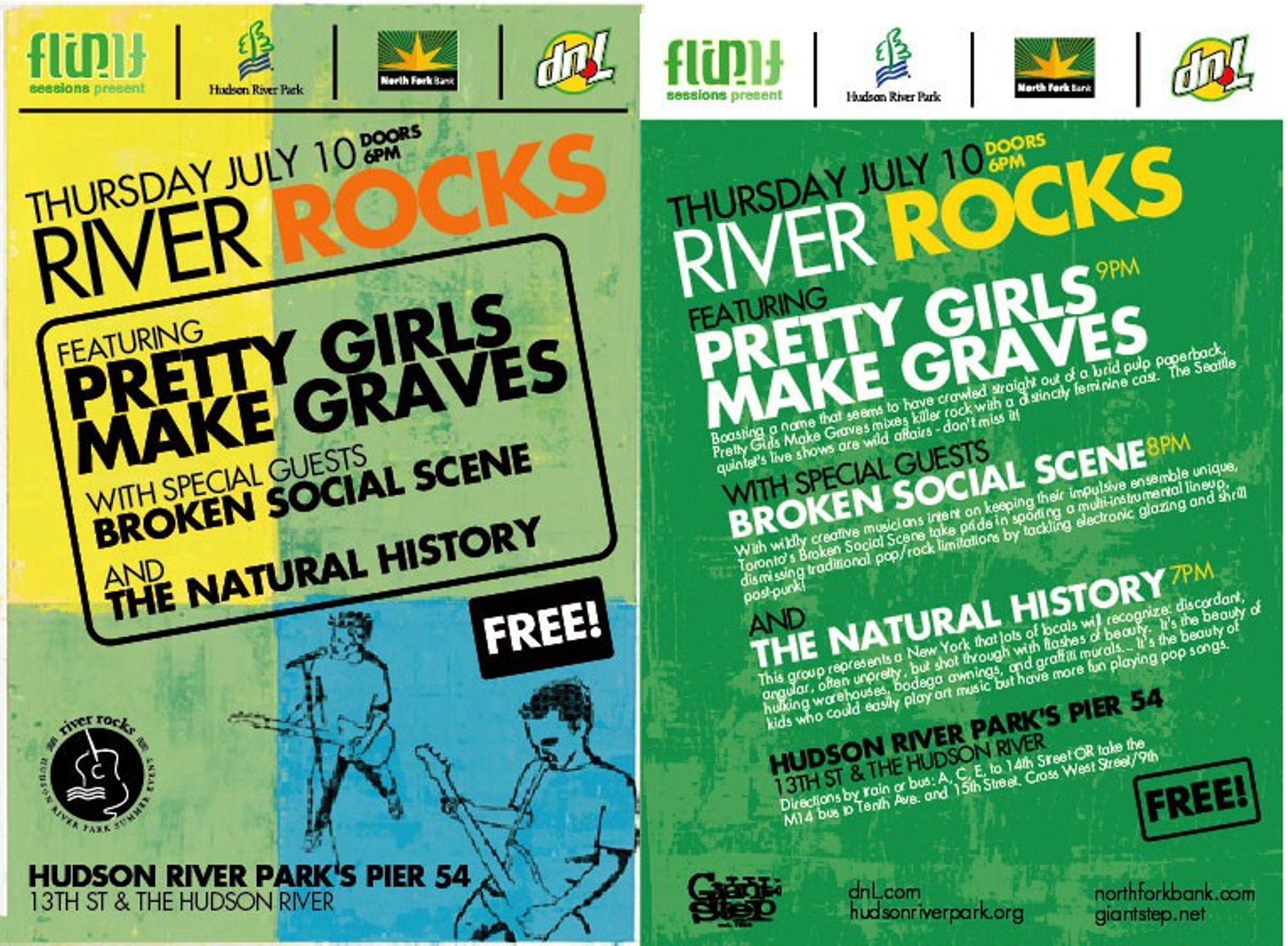 Two promotional flyers for the River Rocks event at Hudson River Park, featuring bands Pretty Girls Make Graves, Broken Social Scene, and others, scheduled for Thursday, July 10, with doors opening at 6 PM and performances at 8 PM and 9 PM. The flyers include band names, event details, and locations at 13th Street and Hudson.