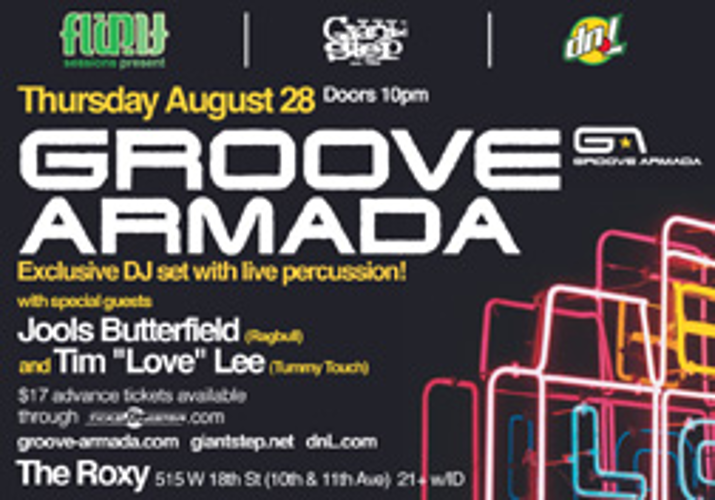 Concert poster for Groove Armada performing Thursday, August 28 at The Roxy, featuring DJ Jools Butterfield and Tim 'Love' Lee, with live percussion, tickets available online.