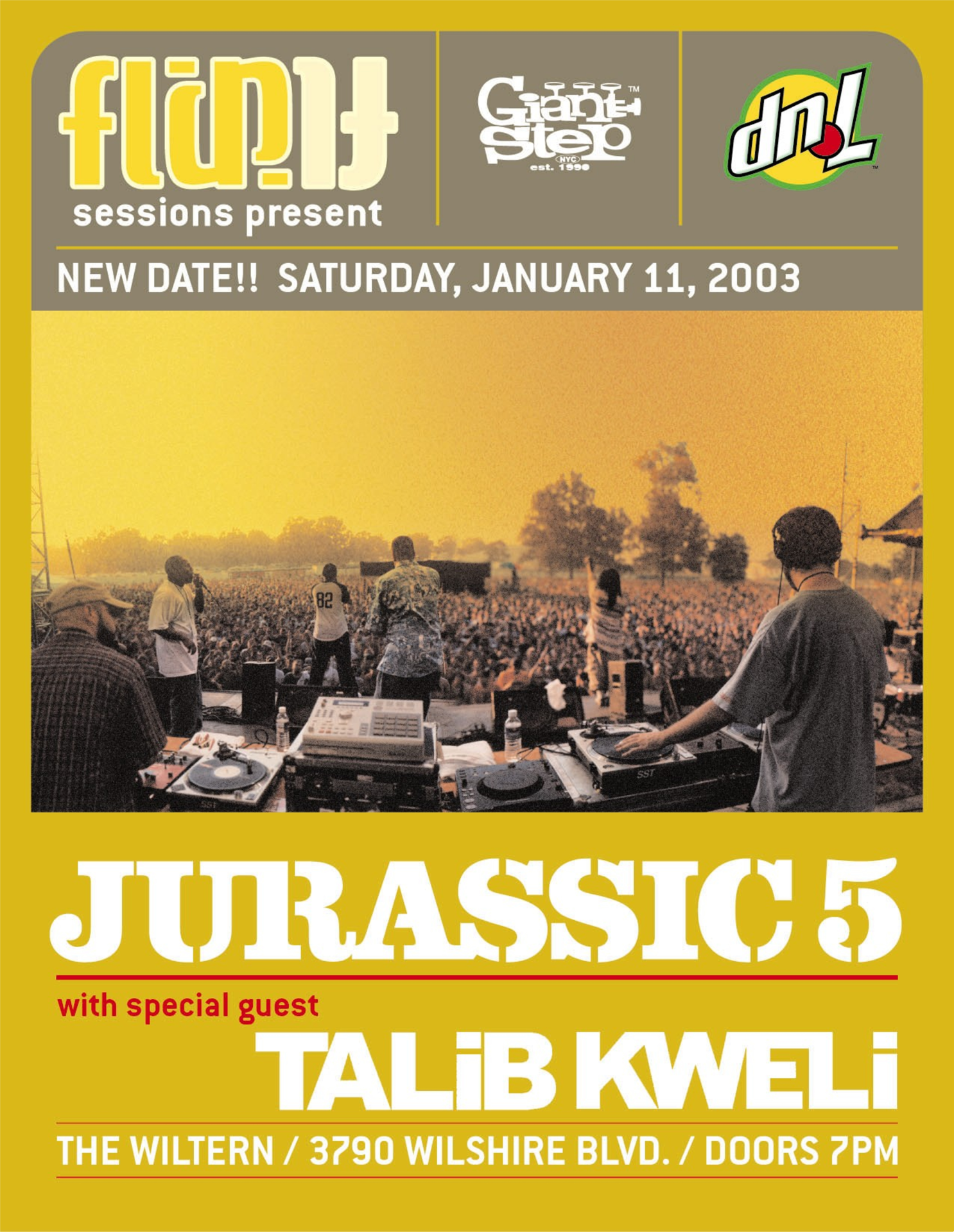 Poster for Flipt Sessions featuring the band Jurassic 5 with special guest Talib Kweli. The event is on Saturday, January 11, 2003, at The Wiltern, 3790 Wilshire Blvd., with doors opening at 7 PM. The poster shows a crowd at an outdoor concert with DJs on stage in the foreground.