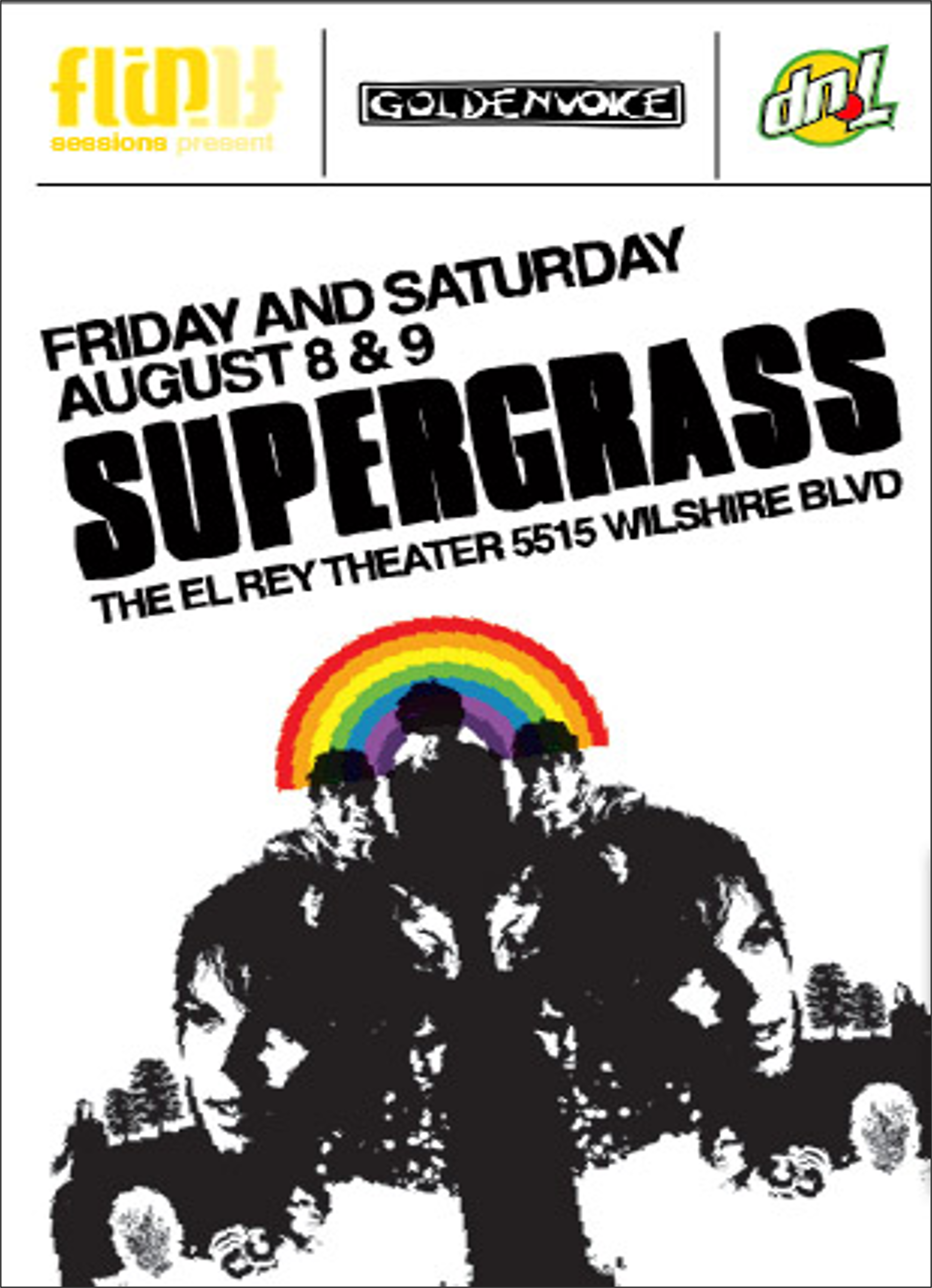 Black and white silhouette of a dog with a rainbow halo and children in front of it, along with event information for the superhero event on August 8 and 9 at Elf Rey Theater.