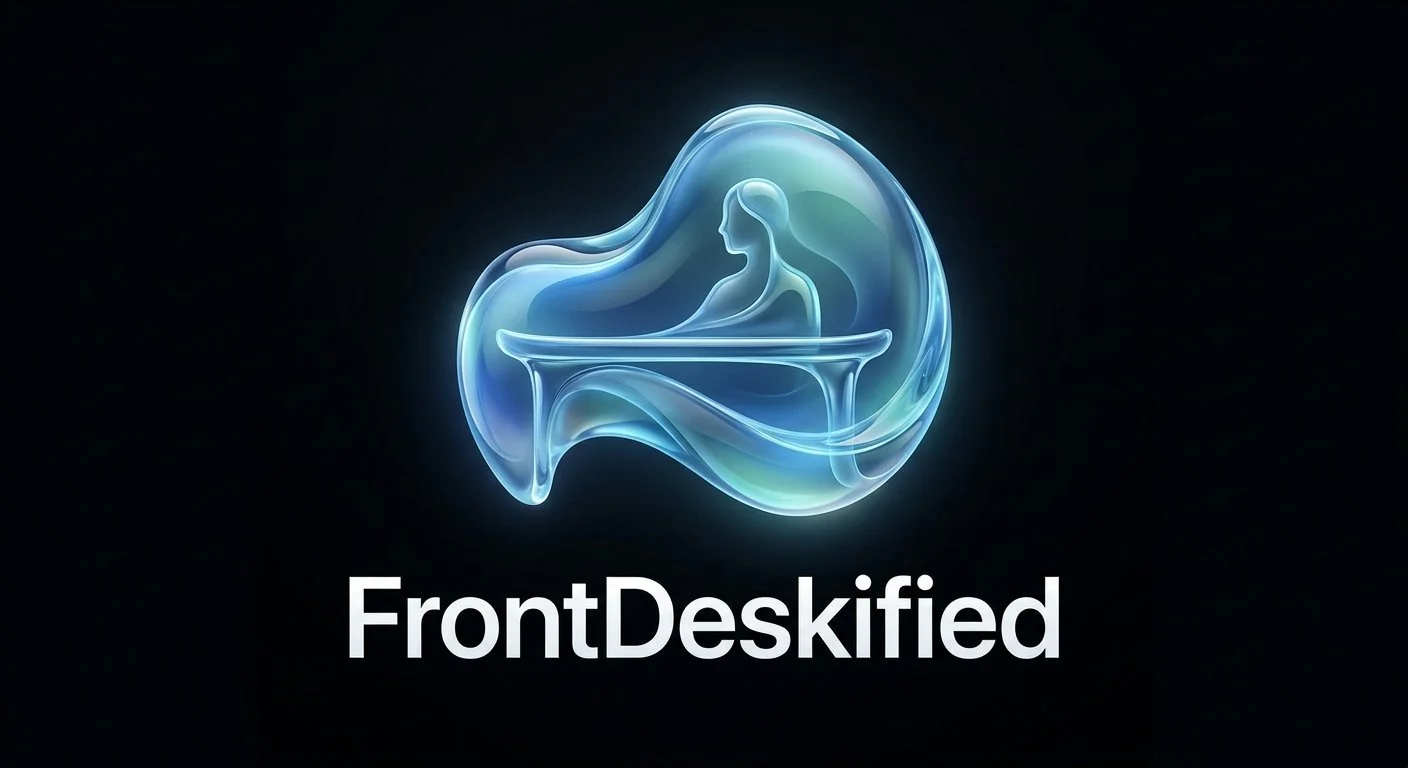 A glowing, stylized illustration of a woman sitting at a desk, with the words "FrontDeskKified" beneath it.