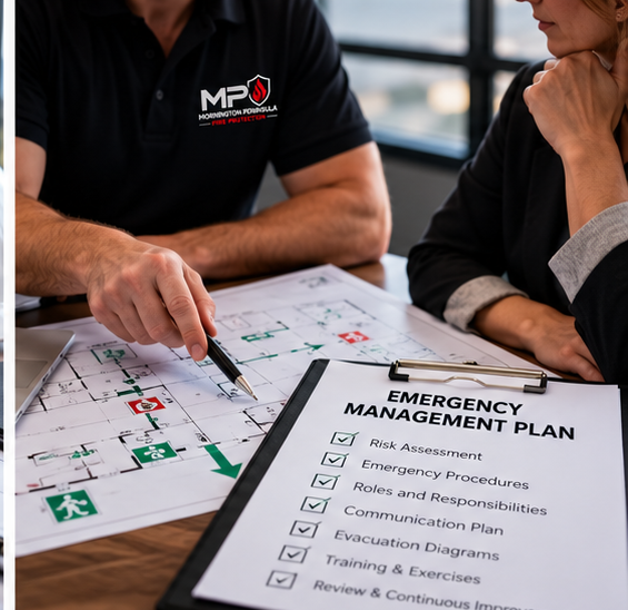Mornington Peninsula Fire Protection Emergency management planning and training meeting with floor plans, evacuation symbols, and an emergency management plan checklist