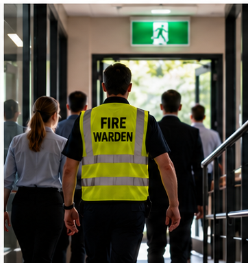 Mornington Peninsula Fire Protection Fire warden training in a high-visibility vest leading people toward an emergency exit.