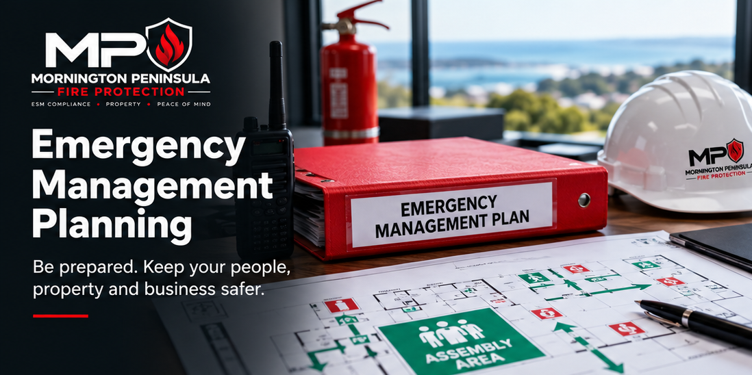 Mornington Peninsula Fire Protection emergency management planning graphic with an emergency management plan binder, radio, fire extinguisher, hard hat, and evacuation assembly area floor plan