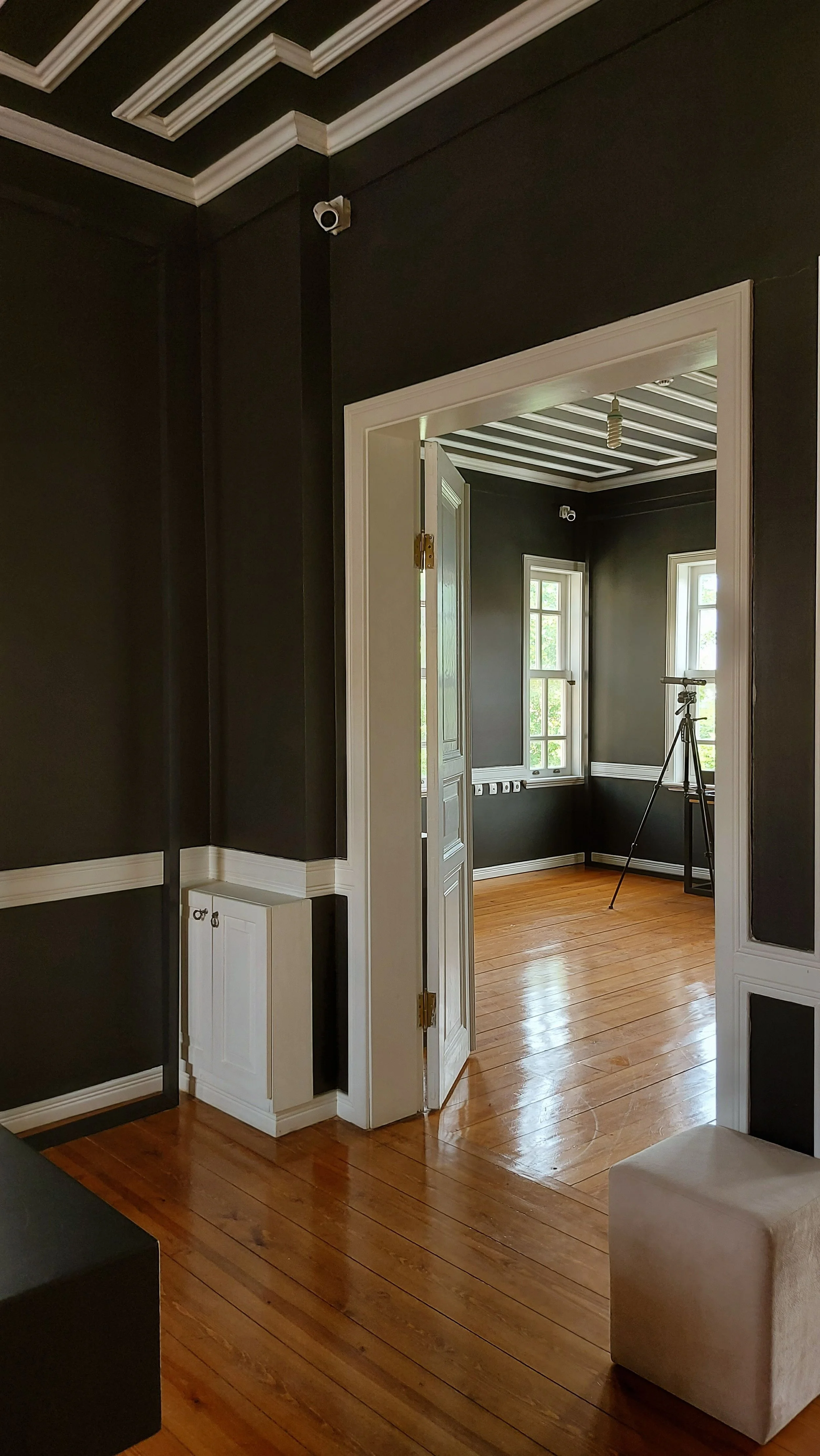 Modern interior with sharp contrast dark walls, multi-tier white crown molding, and flawless white door trim casing in a historic Clayton home.