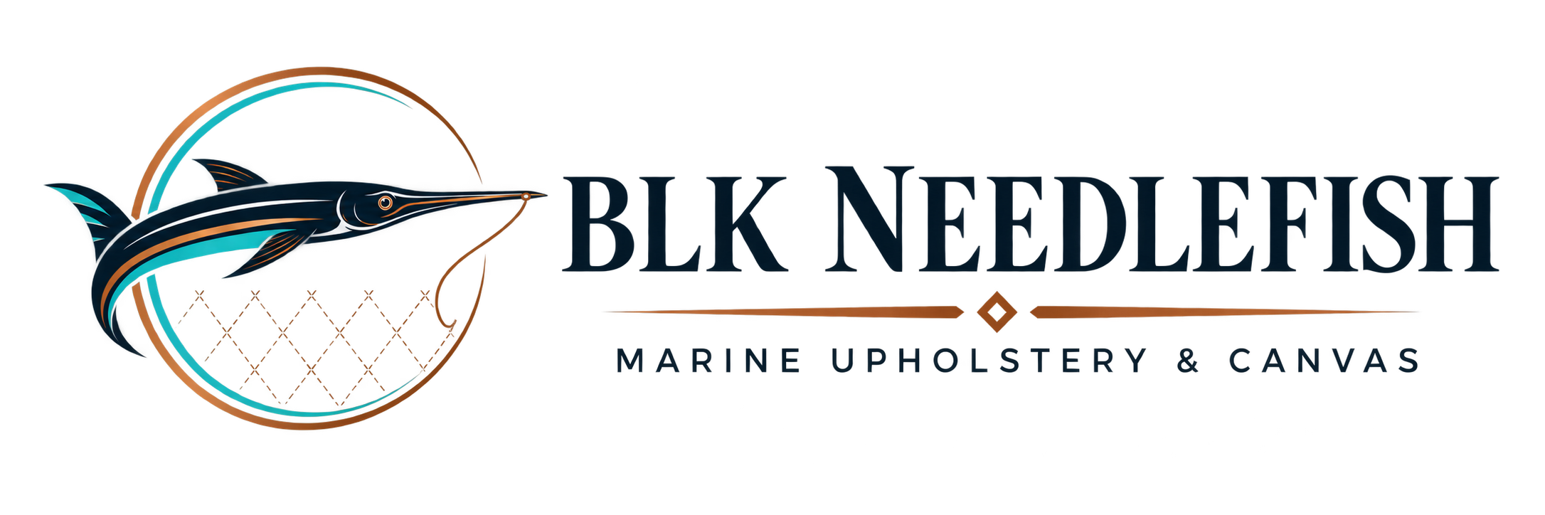 Logo for BLKNeedleFish Marine Upholstery & Canvas, featuring a stylized needlefish sewing diamond stitiching with a rainbow background.