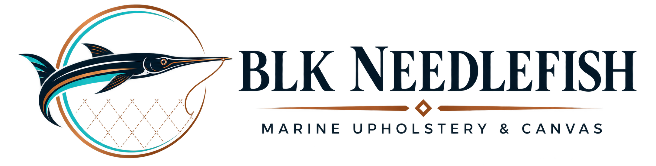 Logo for BLK Needlefsh Marine Upholstery & Canvas, featuring a needlefish sewing diamond stitching