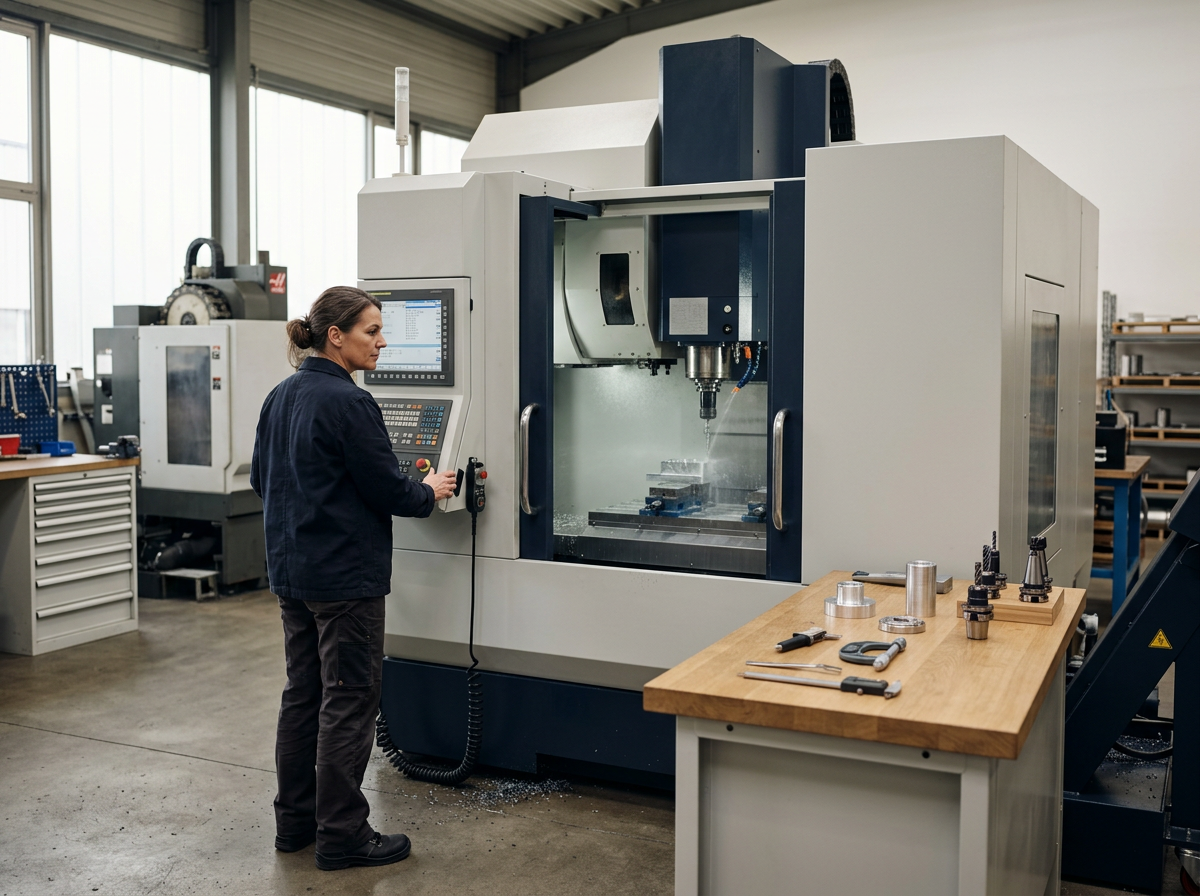 A woman operating a CNC machining center in a factory or workshop, with metal parts and tools on a workbench nearby.